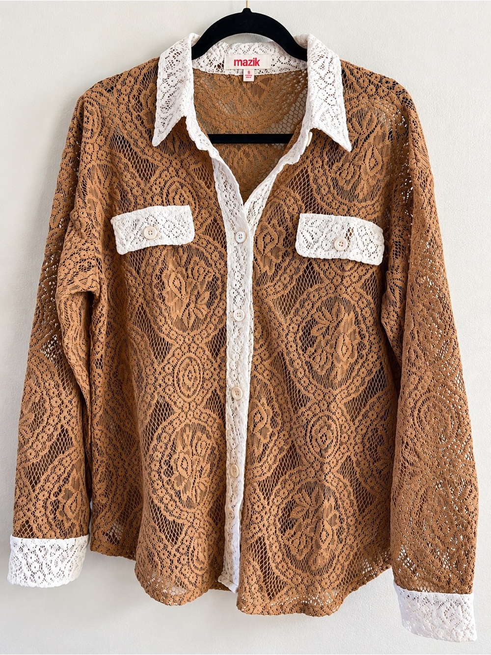 Mazik Brown Lace Button-Front Shirt with White Contrast Trim